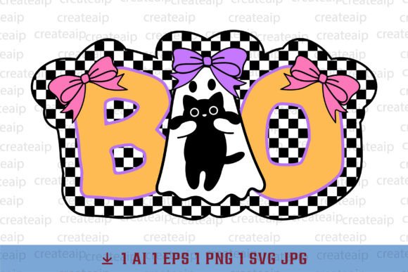 BOO Cute Halloween Ghost Cat Checkered P Review